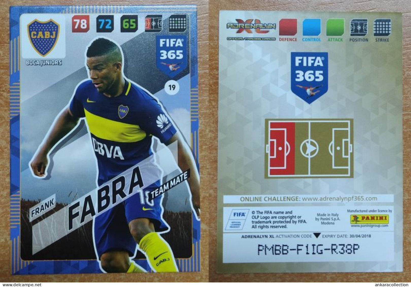 AC - 19 FRANK FABRA  BOCA JUNIORS  TEAM MATE  PANINI FIFA 365 2018 ADRENALYN TRADING CARD - Tarjetas