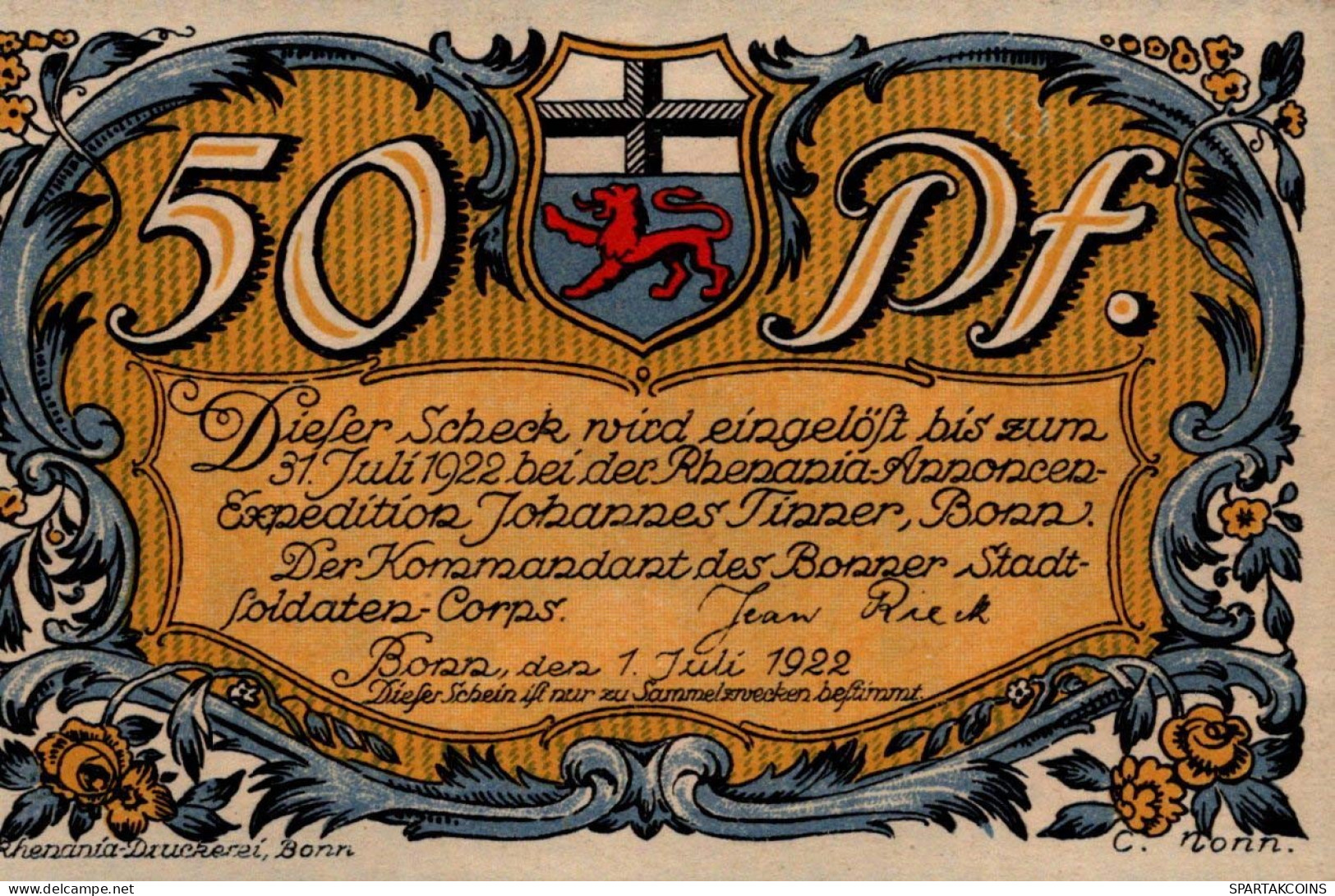50 PFENNIG 1922 Stadt BONN Rhine DEUTSCHLAND Notgeld Papiergeld Banknote #PG410 - [11] Emisiones Locales