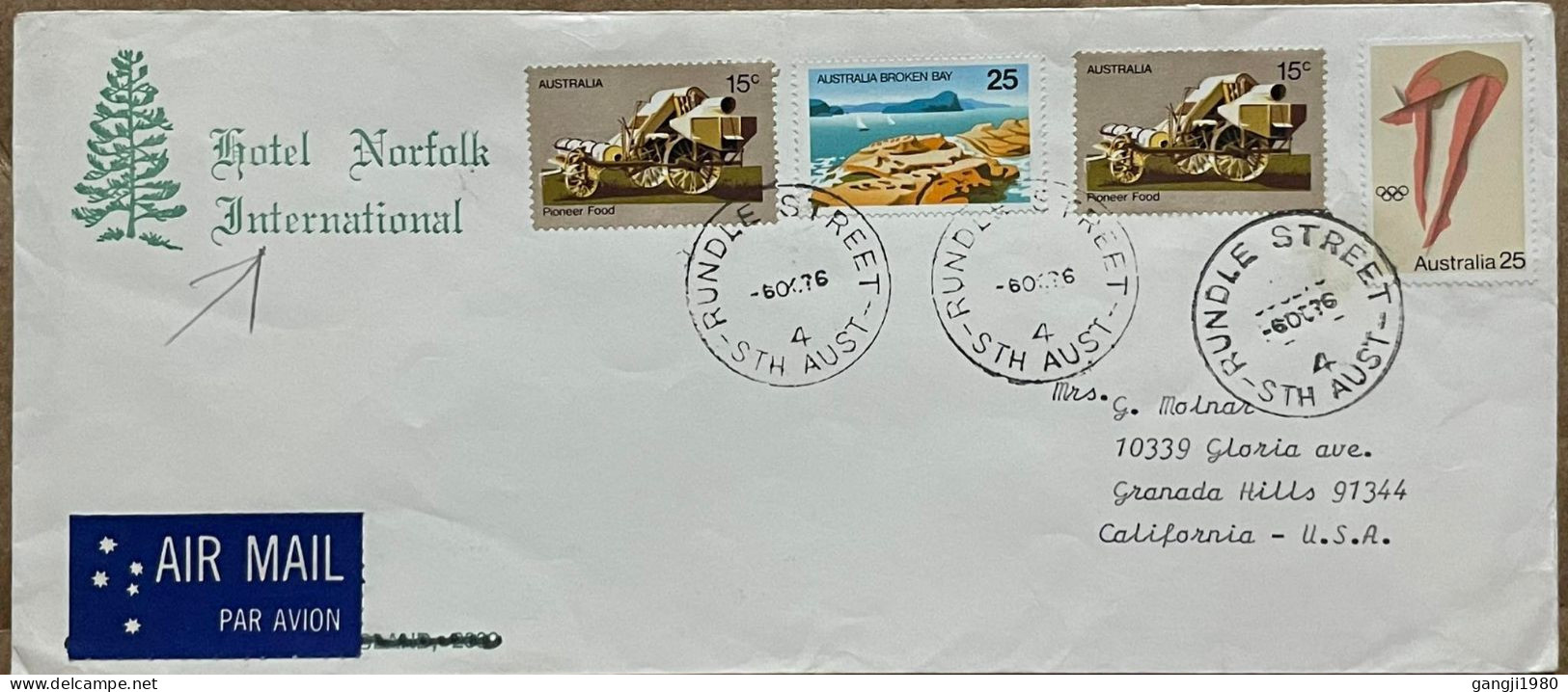AUSTRALIA 1976, HOTEL NORFOLK ADVERTISING COVER, USED TO USA, PIONEER FOOD, BROKEN BAY, OLYMPIC GAME DIVING, 4 STAMP, RU - Covers & Documents