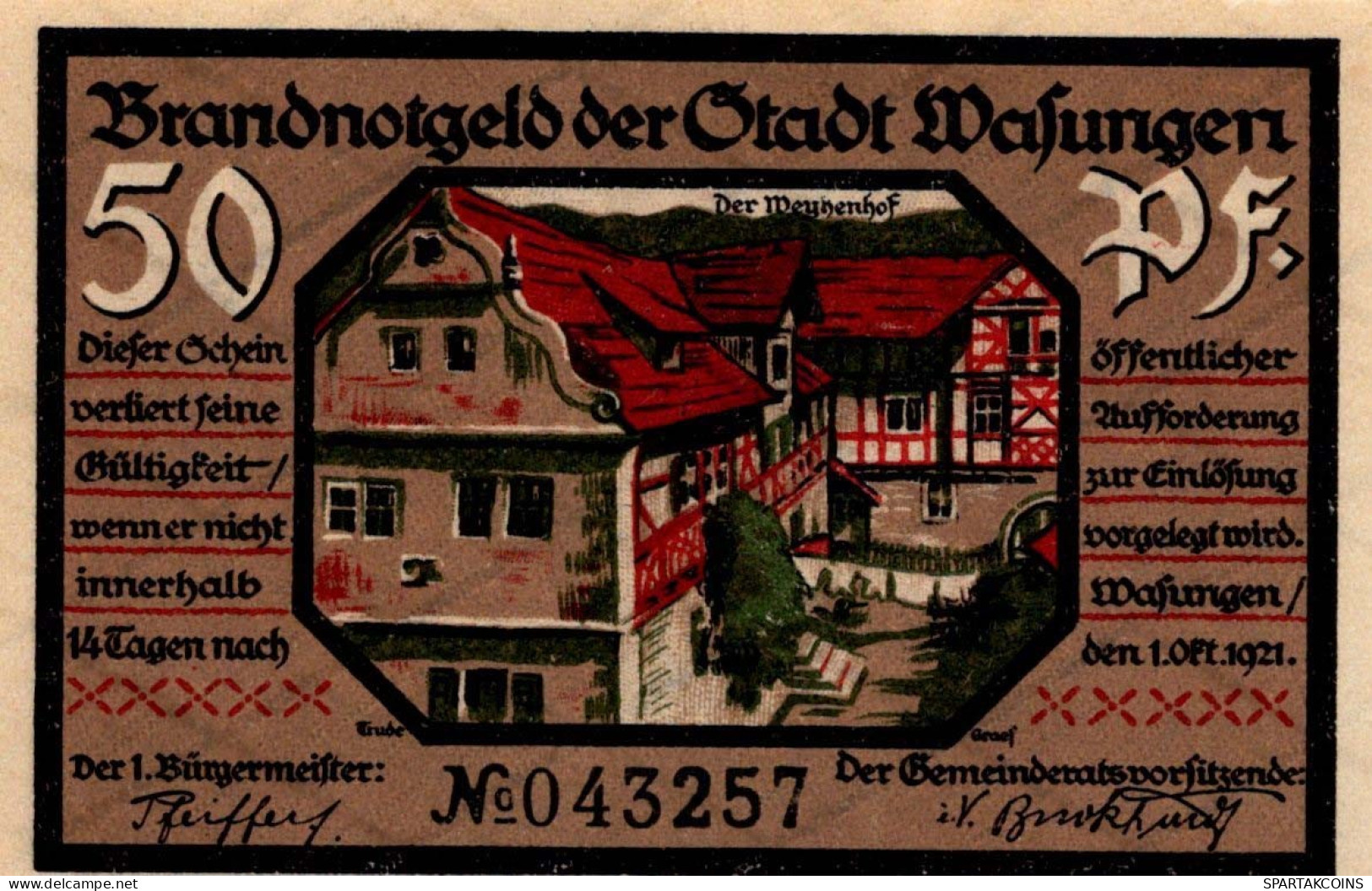 50 PFENNIG 1921 Stadt WASUNGEN Thuringia UNC DEUTSCHLAND Notgeld Banknote #PH911 - [11] Local Banknote Issues