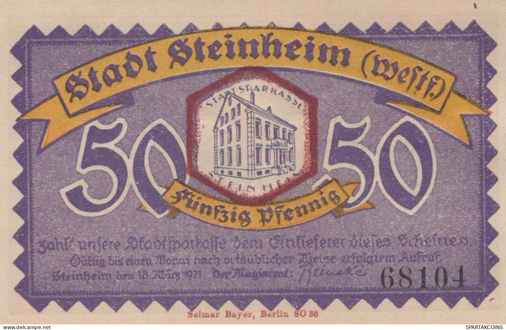 50 PFENNIG 1921 Stadt STEINHEIM IN WESTFALEN Westphalia UNC DEUTSCHLAND #PI962 - [11] Local Banknote Issues