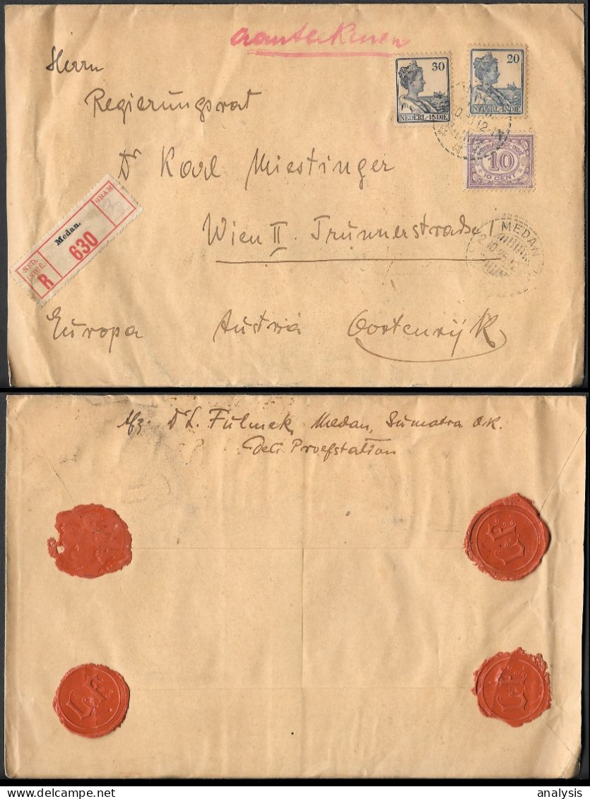 Netherlands Indies Medan Registered Cover Mailed To Austria 1925. 60c Rate Indonesia - Indes Néerlandaises