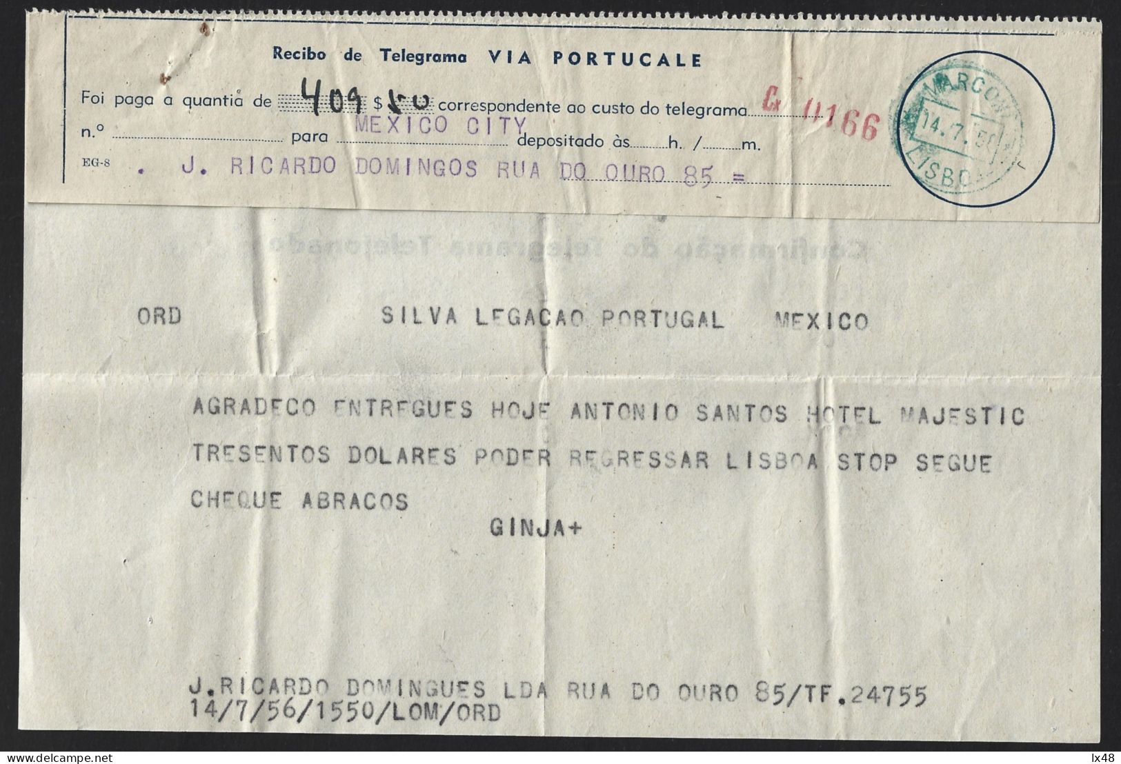 Recibo De Envio Telegrama Obliteração Da Rádio Marconi 1950. Receipt Sending A Telegram With Obliteration Radio Marconi - Brieven En Documenten