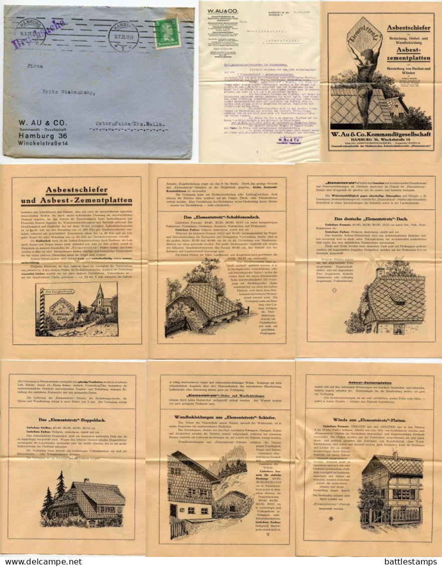 Germany 1928 Cover & Ad For Asbestos Panels; Hamburg - W. Au & Co, Kommandit - Gesellschaft; 5pf Friedrich Von Schiller - Brieven En Documenten