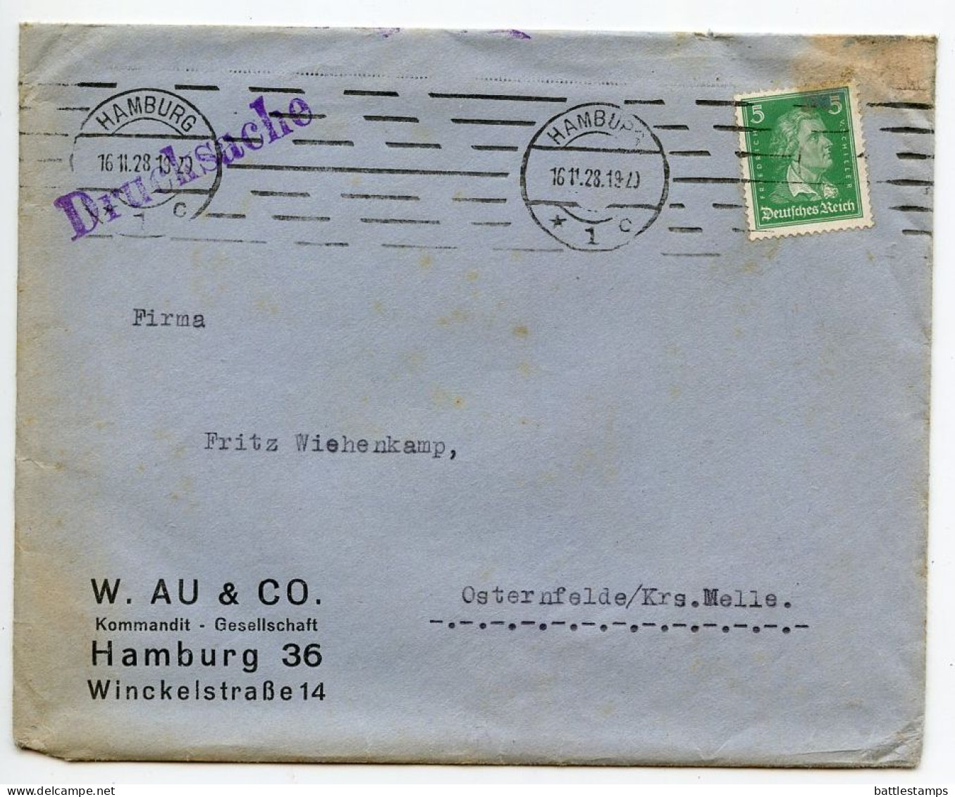 Germany 1928 Cover & Ad For Asbestos Panels; Hamburg - W. Au & Co, Kommandit - Gesellschaft; 5pf Friedrich Von Schiller - Briefe U. Dokumente