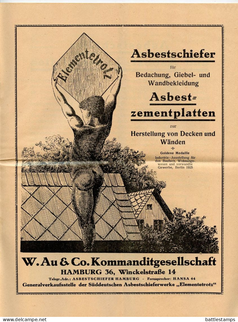 Germany 1928 Cover & Ad For Asbestos Panels; Hamburg - W. Au & Co, Kommandit - Gesellschaft; 5pf Friedrich Von Schiller - Covers & Documents