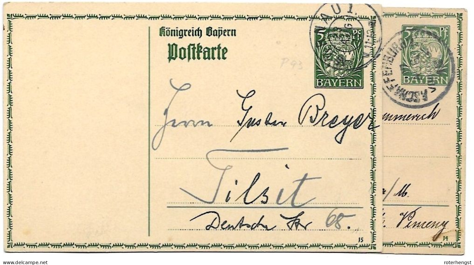 Germany Bavaria 2 Stationery Cards Murnau And Aschaffenburg With Number Imprints 14 And 15,  From 1915 Both - Briefe U. Dokumente