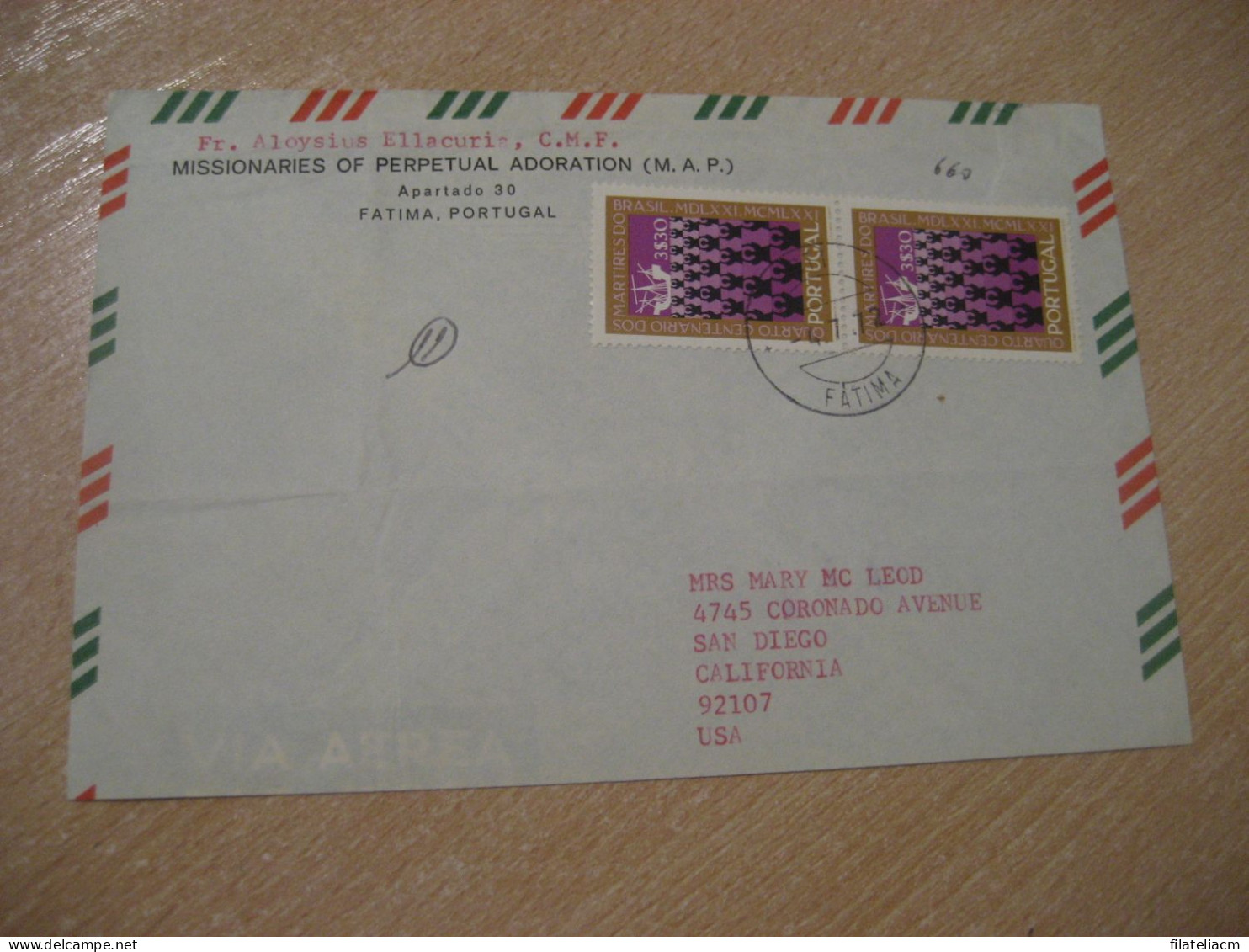 FATIMA 1972 To San Diego USA Missionaries Of Perpetual Adoration Religion Cancel Cover PORTUGAL - Christentum