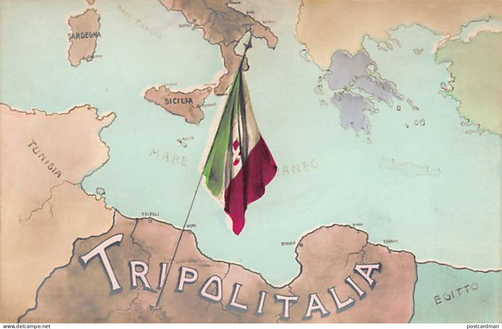 Libya - Italo-Turkish War - Italian Flag Over Tripolitania Map - Libye