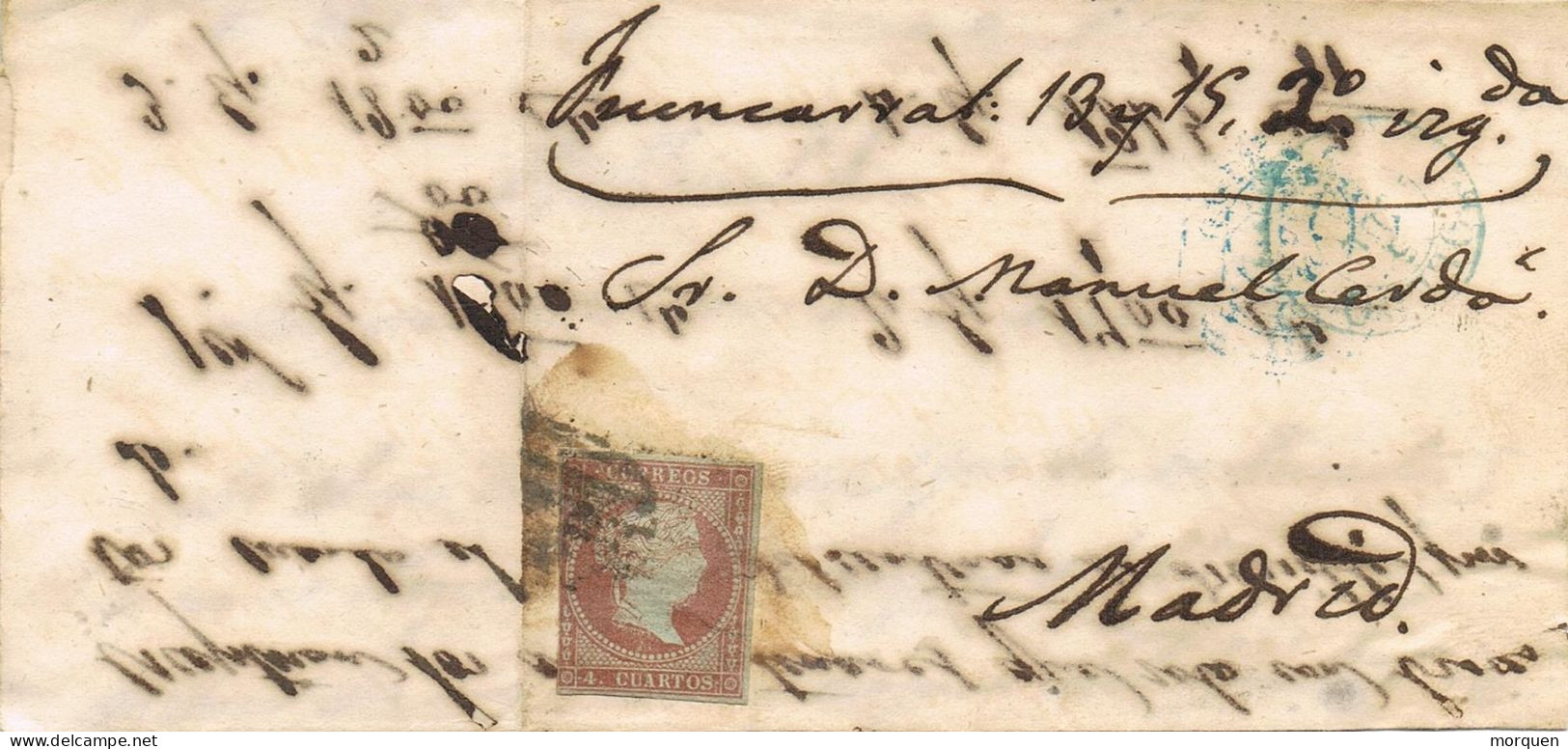 55036. Carta Entera TOLEDO 1856. , 4 Cuartos Filigrana Lazos A MADRID. Fechador Tipo I Azul - Storia Postale