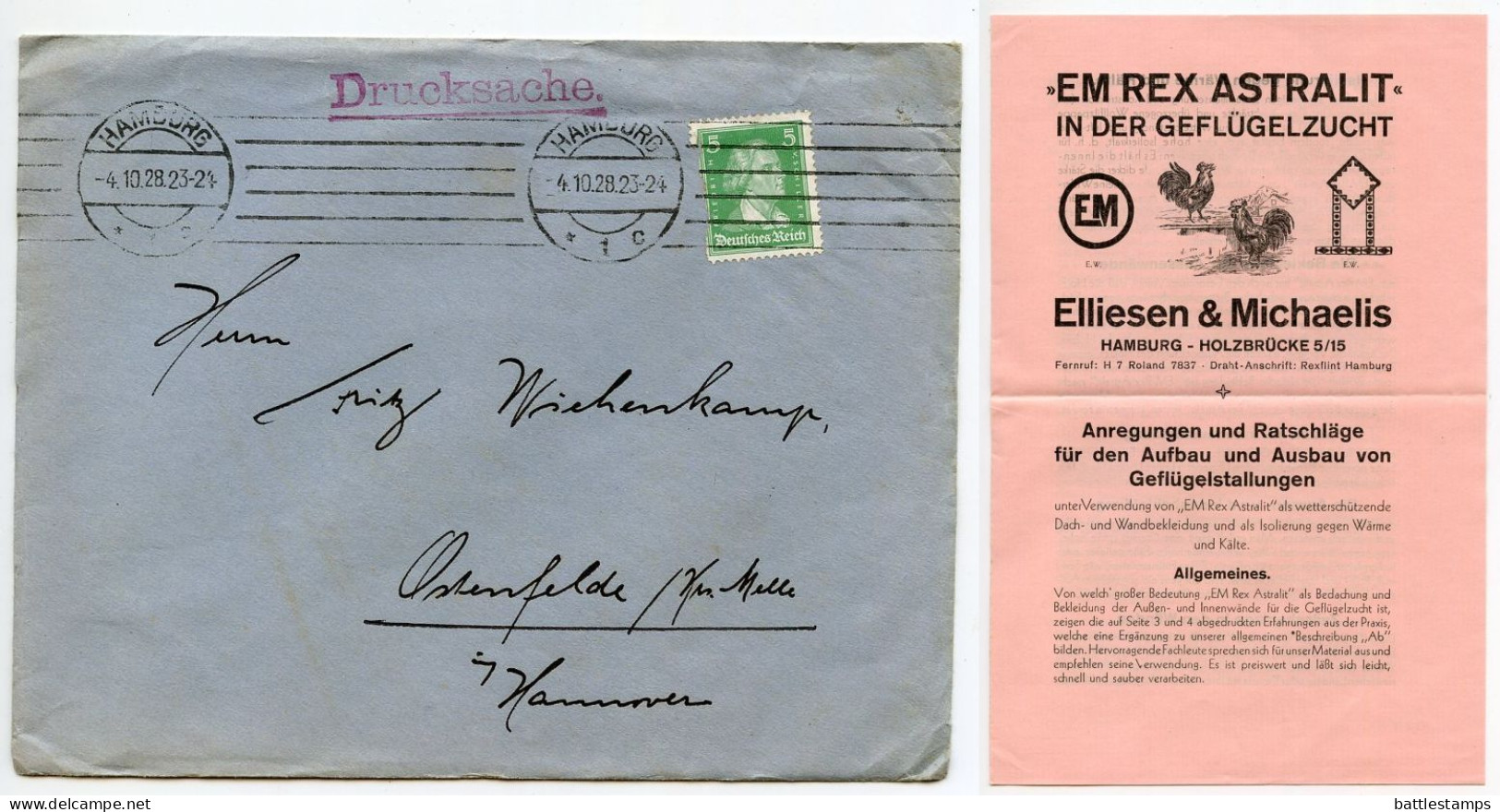 Germany 1928 Cover & Pamphlet (Poultry Farming); Hamburg - Elliesen & Michaelis; 5pf. Friedrich Von Schiller - Covers & Documents