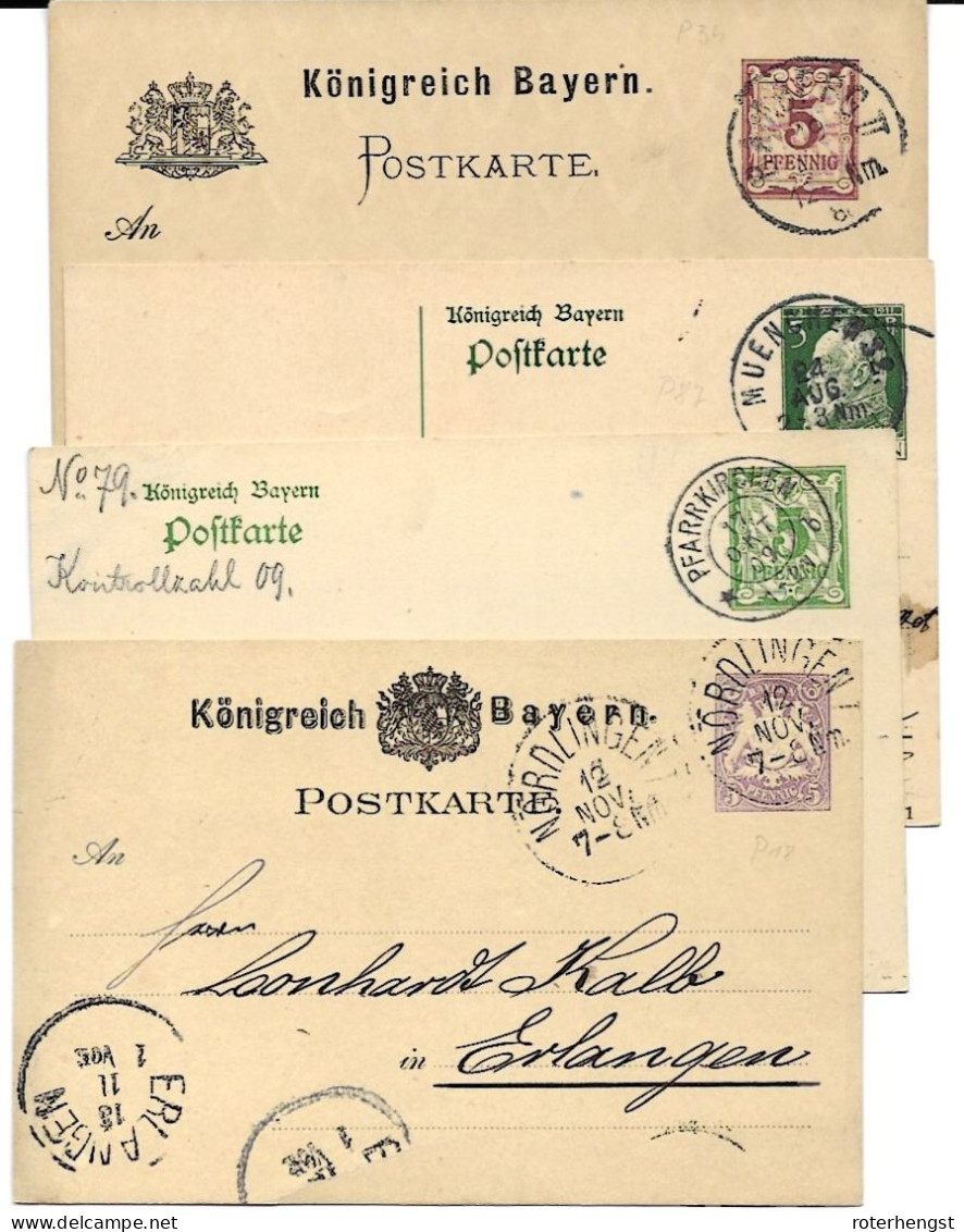 Germany Bavaria 4 Stationery Cards Michel P18 (from 1880), P34 (control Imprint 88) 4, P79 (09),P87 (11) - Covers & Documents