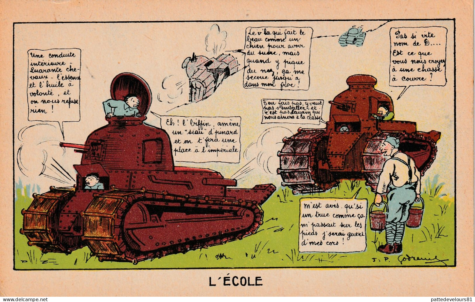 CPA  Matériel Militaire Militaria Soldat Char D'Assaut Tank Panzer "L'école" Humour Illustrateur - Ausrüstung