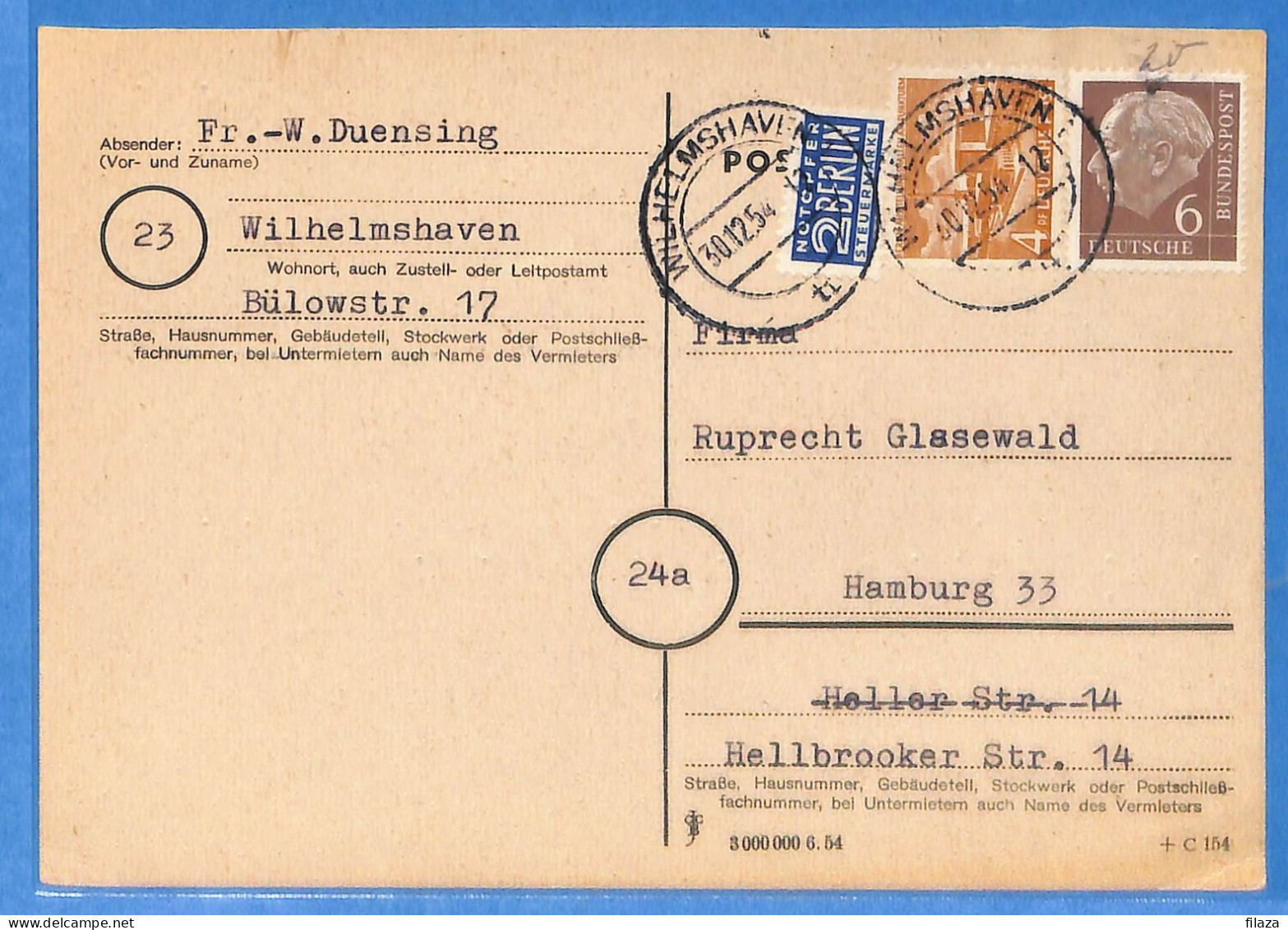 Berlin West 1954 - Carte Postale De Wilhelmshaven - G33036 - Briefe U. Dokumente