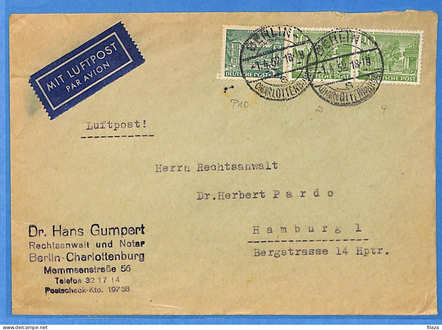 Berlin West 1952 - Lettre Par Avion De Berlin - G33014 - Briefe U. Dokumente