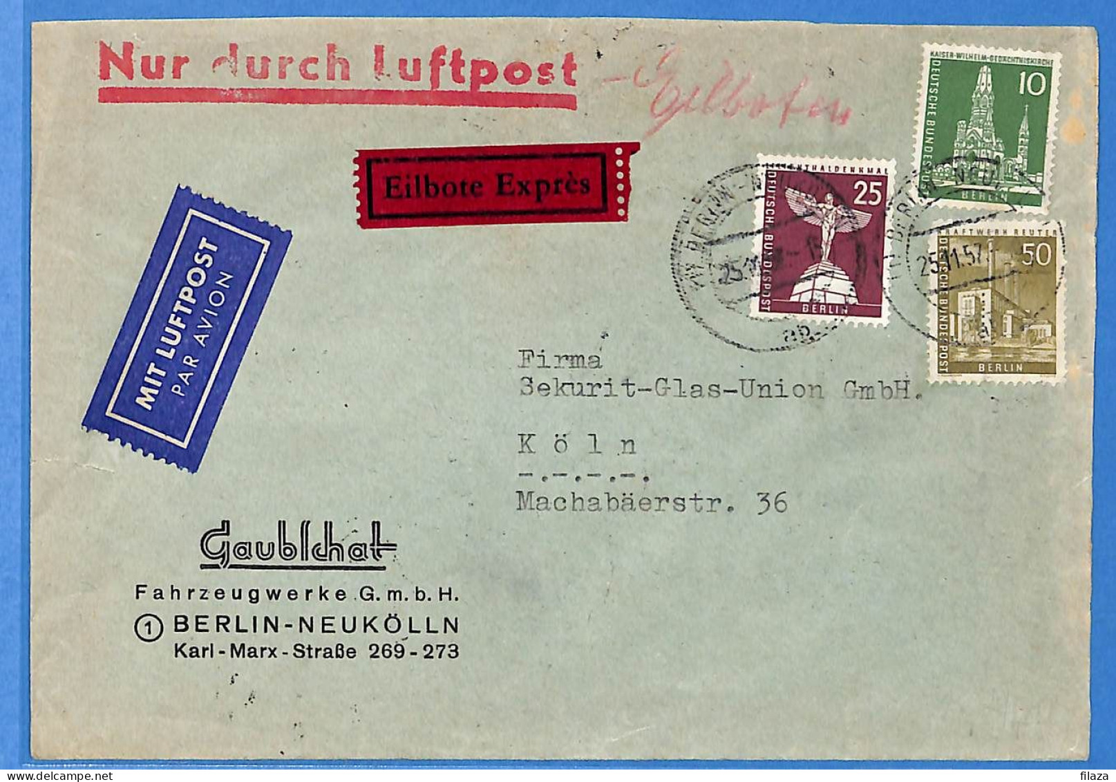 Berlin West 1957 - Lettre Durch Eilboten Par Avion De Berlin - G33006 - Lettres & Documents