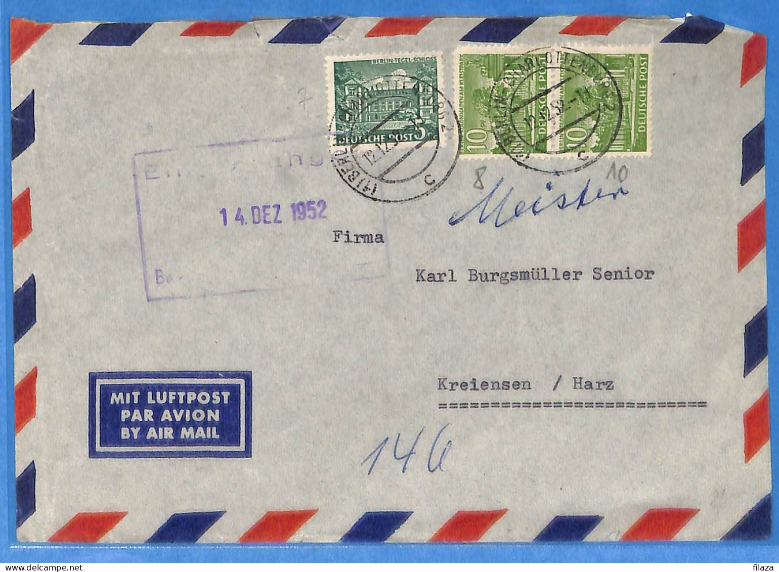 Berlin West 1952 - Lettre Par Avion De Berlin - G33000 - Storia Postale