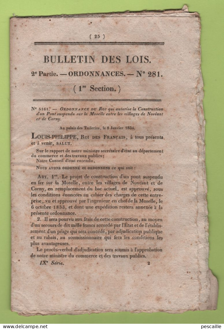 1834 BULLETIN DES LOIS - MOSELLE NOVEANT CORNY - MAYENNE - TABACS NORD PAS DE CALAIS - LIVINHAC  PONT SUR LE LOT - - Décrets & Lois