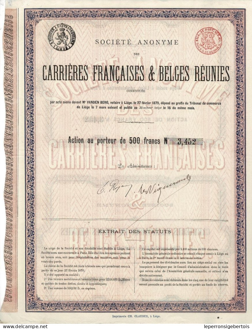 Titre De 1879 - Société Des Carrières Françaises & Belges Réunies - - Miniere