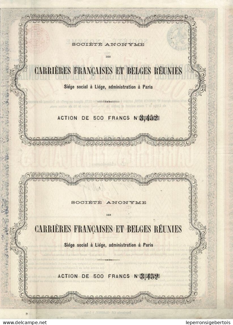 Titre De 1879 - Société Des Carrières Françaises & Belges Réunies - - Bergbau