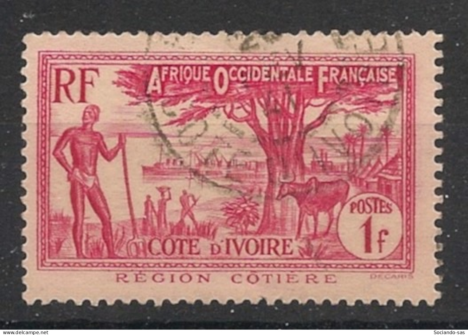 COTE D'IVOIRE - 1936-38 - N°YT. 124A - Région Côtière 1f Rosé Carminé - Oblitéré / Used - Gebruikt