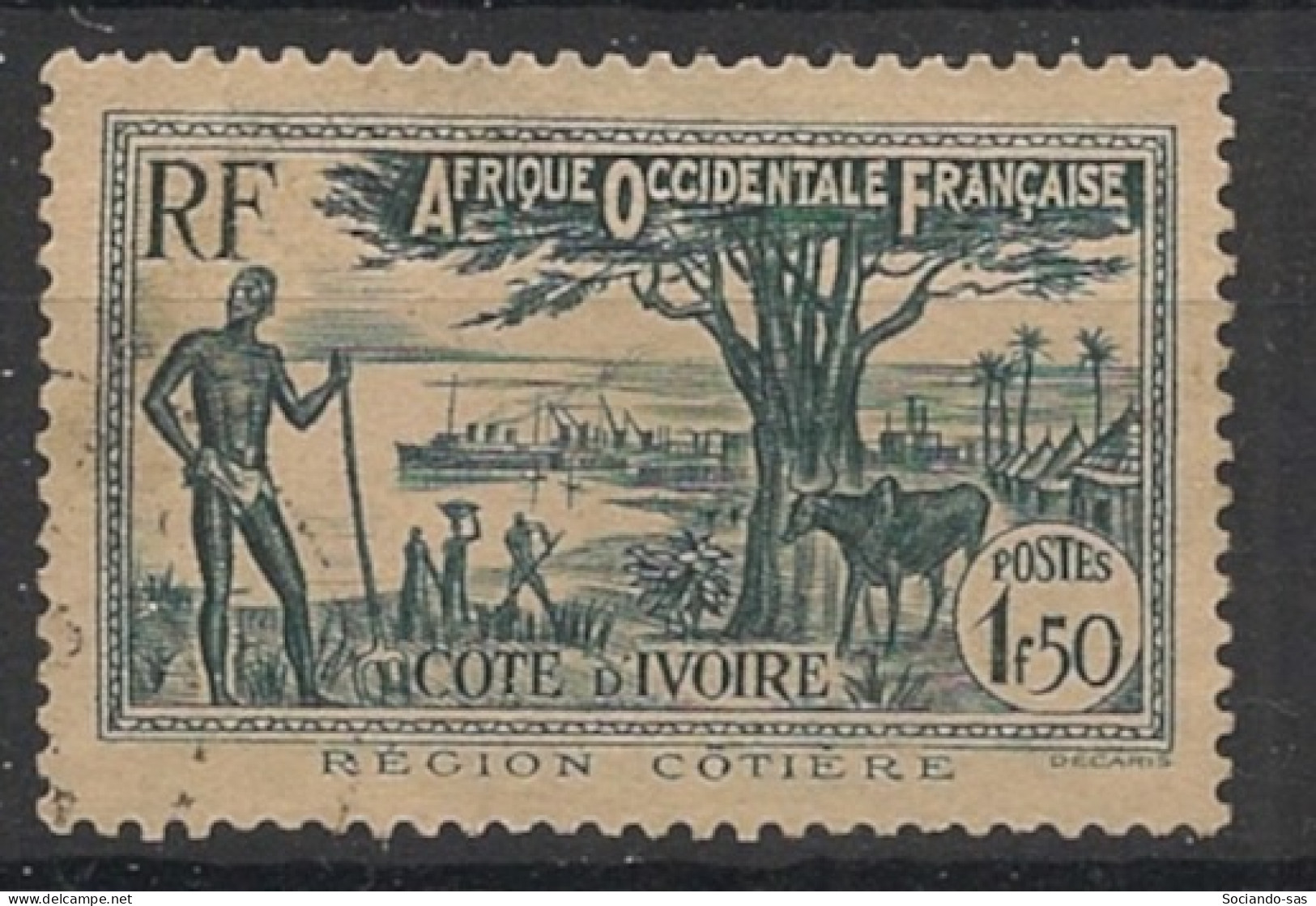 COTE D'IVOIRE - 1939-42 - N°YT. 158A - Région Côtière 1f50 Gris-vert - Oblitéré / Used - Gebruikt