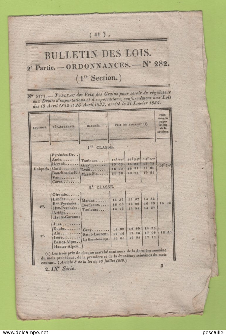 1834 BULLETIN DES LOIS PRIX DES GRAINS - PONT SUR LE TECH A ELNE - LE FENOUILLER PONT SUR LA RIVIERE DE VIC AU PAT-OPTON - Gesetze & Erlasse