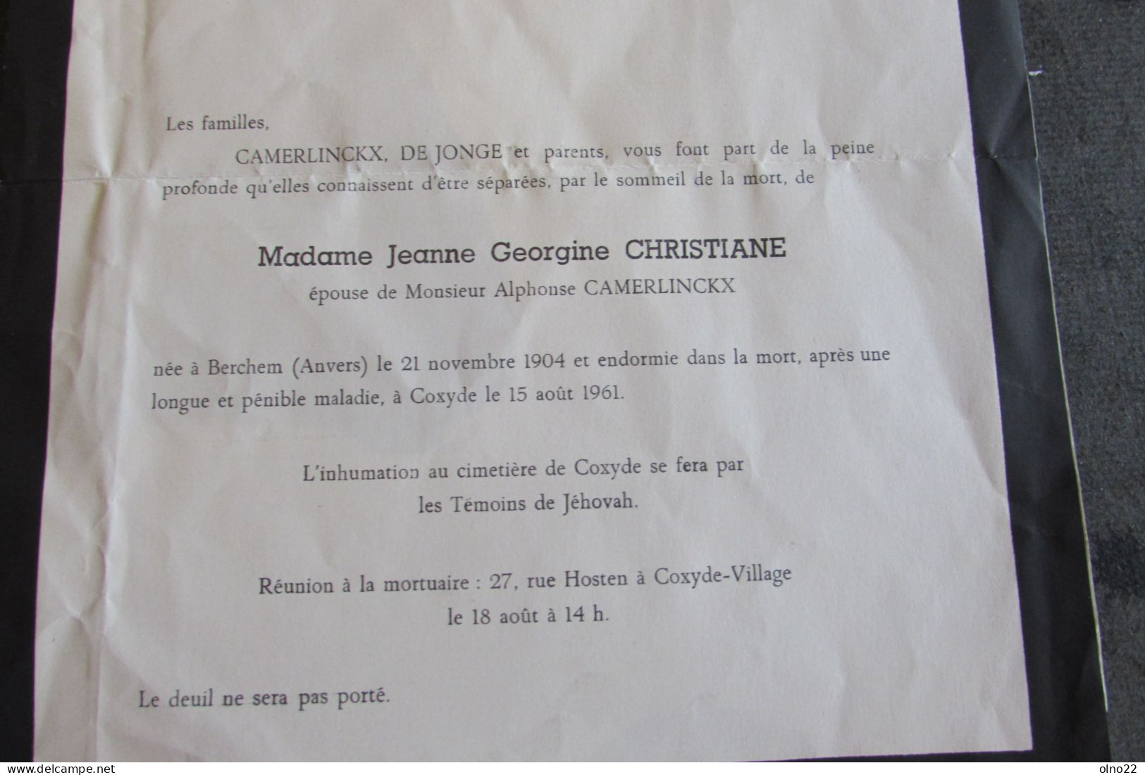 COXYDE - DECES LE 15/8/61 DE GEORGINE CHRISTIANE - INHUMATION PAR TEMOINS DE JEHOVAH A COXYDE - VOIR SCANS - Décès