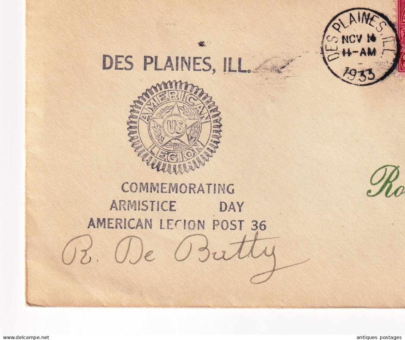 WW1  American Legion Post Des Plaines Illinois 1933 U.S.A. Commemorationg Armistice Day War Veterans George Washington - Cartas & Documentos