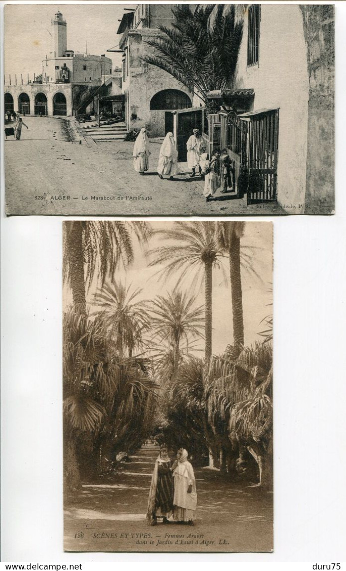 ALGÉRIE LOT 2 CPA Voyagé 1908 1909 * ALGER Le Marabout De L'Amirauté (animée) & Femmes Arabes Dans Le Jardin D'Essai - Algiers