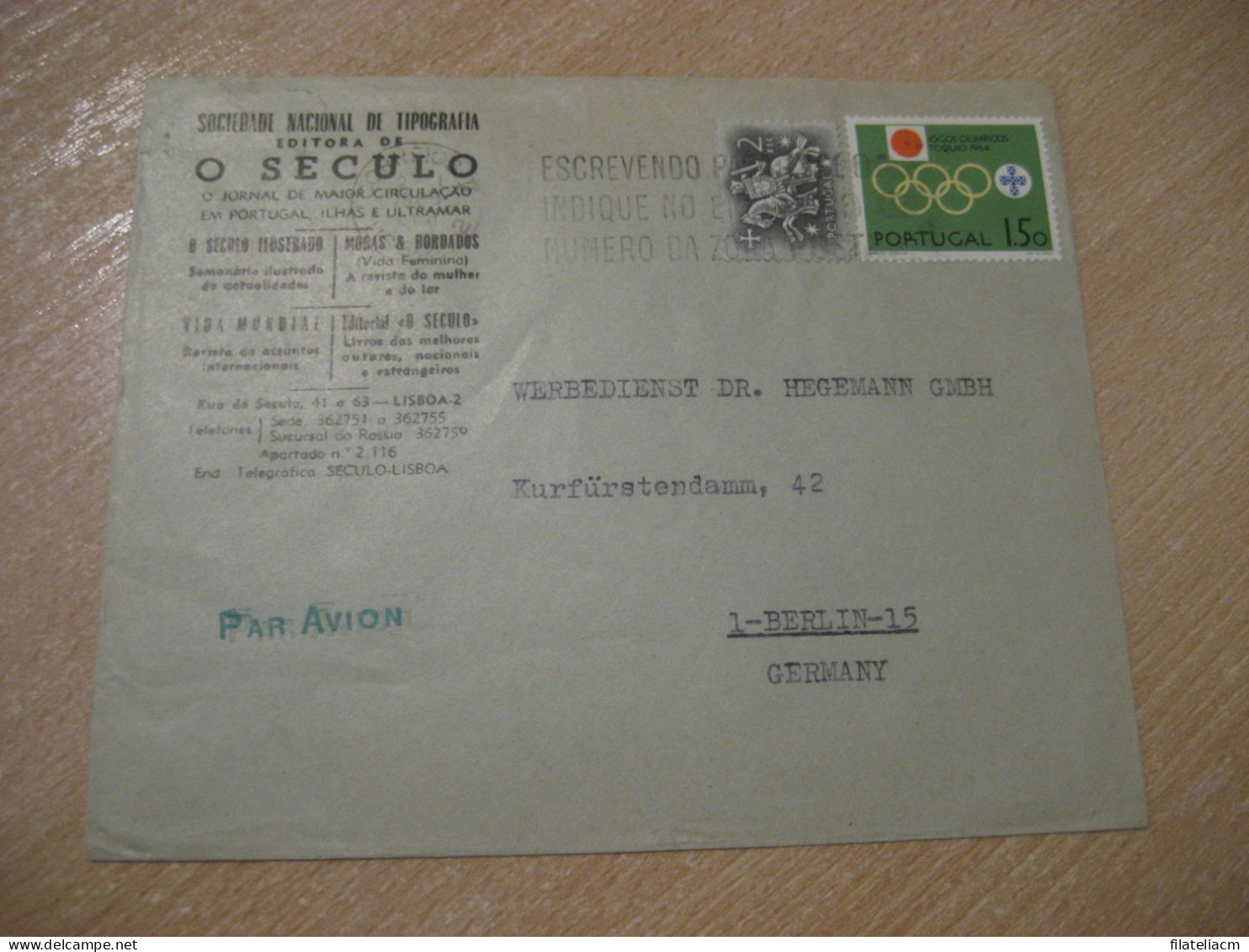LISBOA 1965 To Berlin Germany Tokyo Japan 1964 Olympic Games Olympics Cancel Cover PORTUGAL - Sommer 1964: Tokio