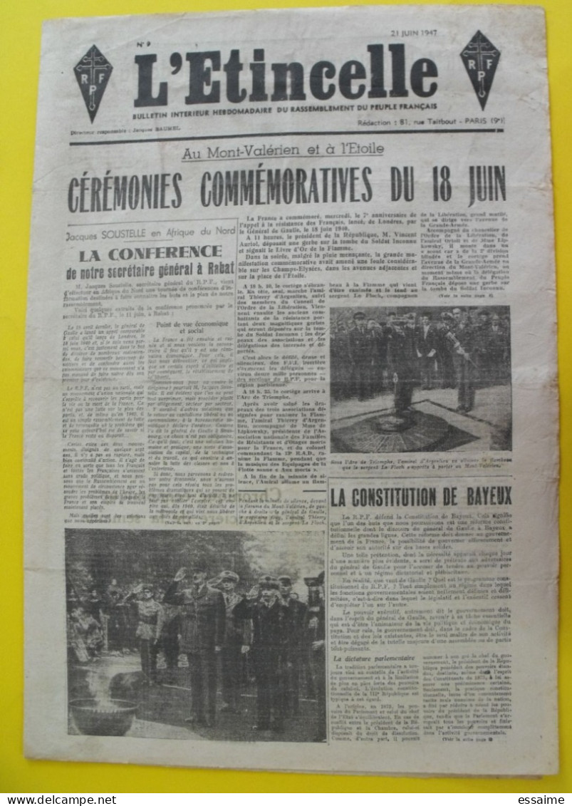 Journal L'Etincelle N° 9 Du 21 Juin 1947. Jacques Baumel Soustelle D'Argenlieu De Gaulle. Bulletin Du RPF - Andere & Zonder Classificatie
