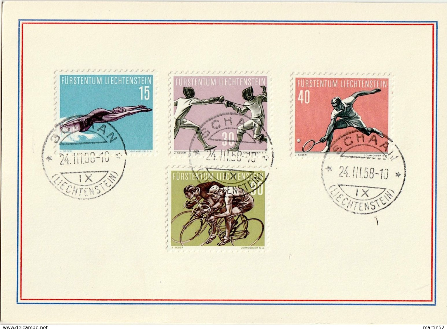 Liechtenstein 1958: Sport V Zu 309-312 Mi 365-368 Yv 327-330 Auf Karte Mit ⊙ SCHAAN 24.III.58  (Zu CHF 30.00 >> 55.00) - Lettres & Documents