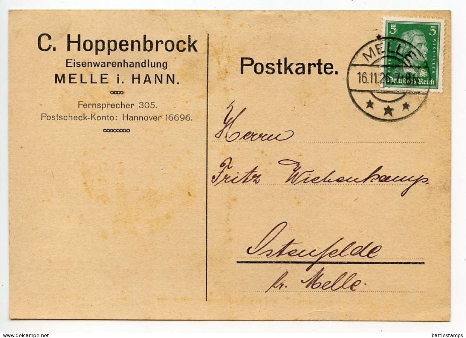 Germany 1926 Postcard; Melle - C. Hoppenbrock, Eisenwarenhandlung To Ostenfelde; 5pf. Friedrich Von Schiller - Brieven En Documenten