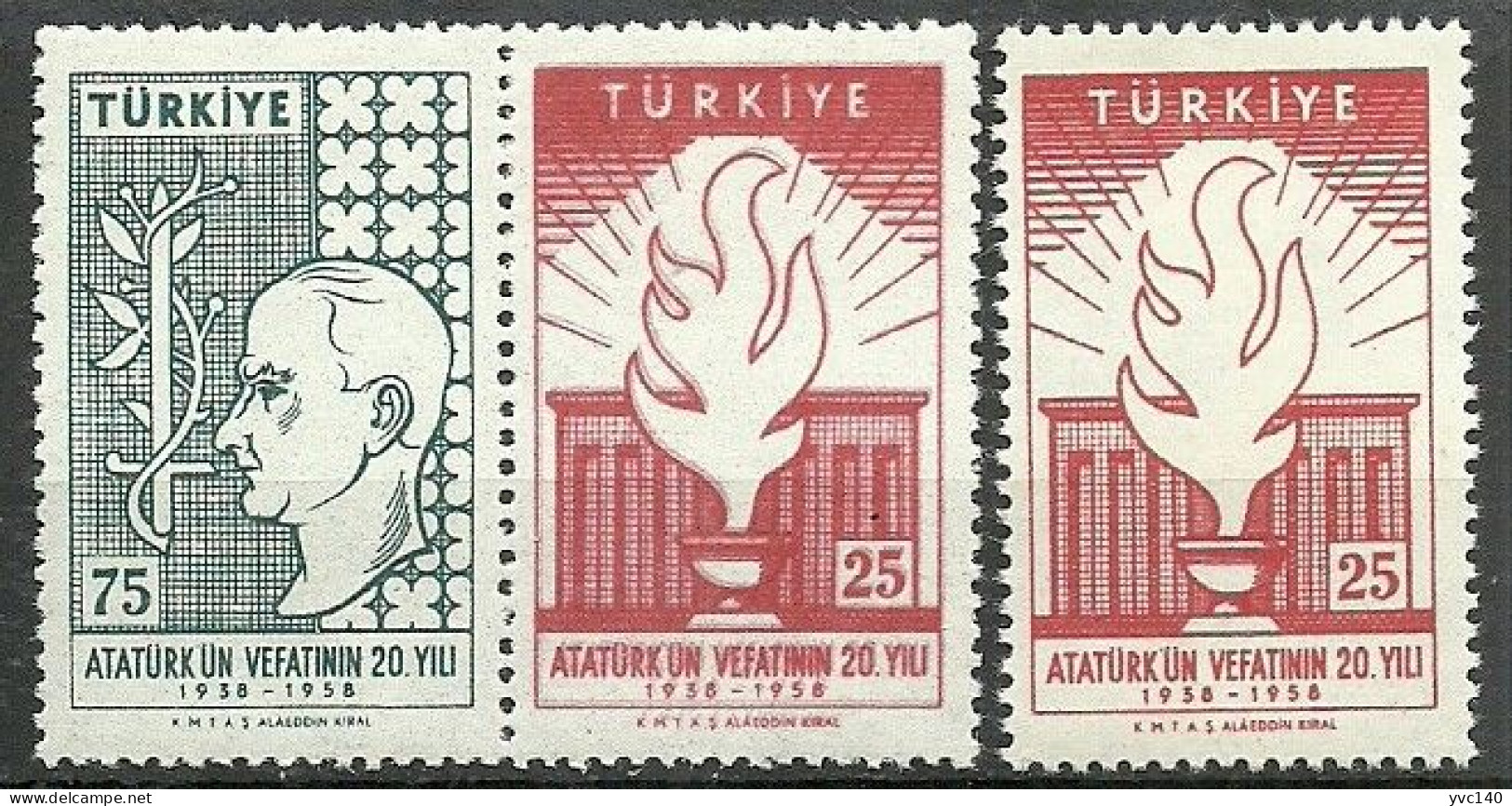 Turkey; 1958 20th Anniv. Of The Death Of Ataturk 25 K. ERROR "Shifted Print (Red Stamp)" - Unused Stamps