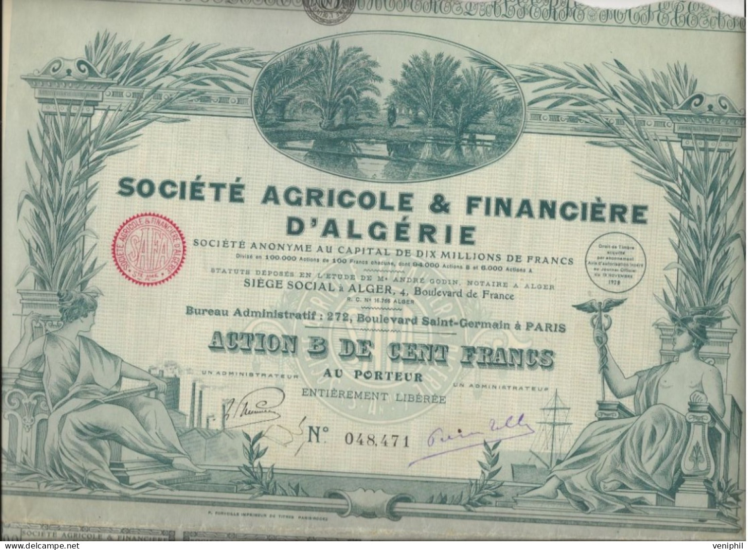 SOCIETE AGRICOLE ET FINANCIERE D'ALGERIE -ACTION  ILLUSTREE DE CENT FRANCS - ANNEE 1928 - Agricultura
