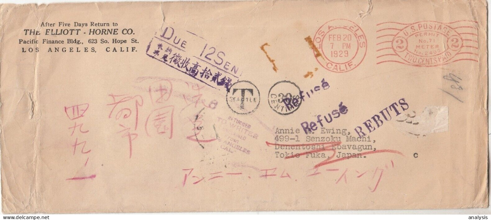 USA Los Angeles Cover Mailed To Japan 1929. Postage Due. Returned. Meter Franking - Cartas & Documentos