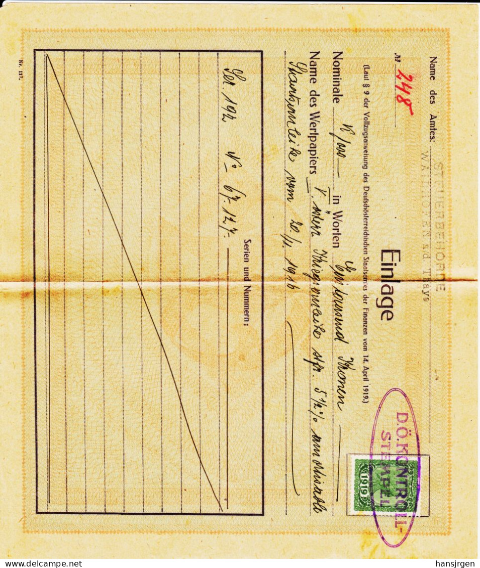 DOK33 ÖSTERREICH 1916 STEUERBEHÖRDE "EINLAGE" 1000 KRONEN V. österr. KRIEGSANLEIHE SIEHE ABBILDUNG - Documentos Históricos