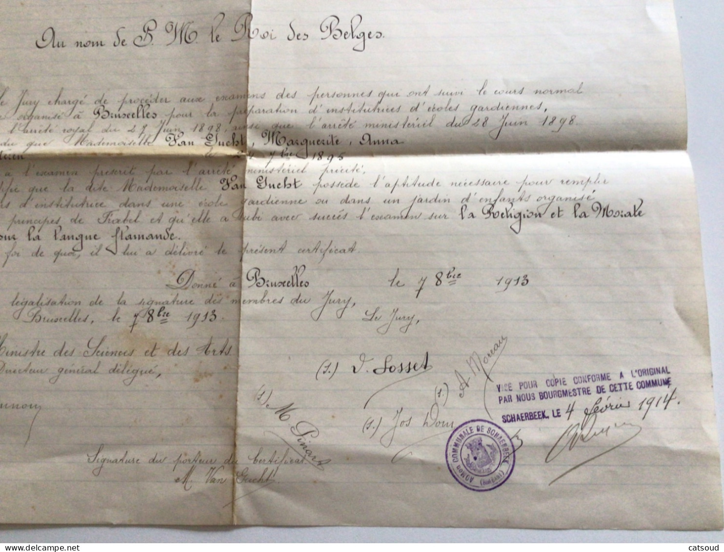 Ancien Diplôme (1914) Schaerbeek Institutrice D’école Maternelle VAN GUCHT Marguerite - Diploma & School Reports