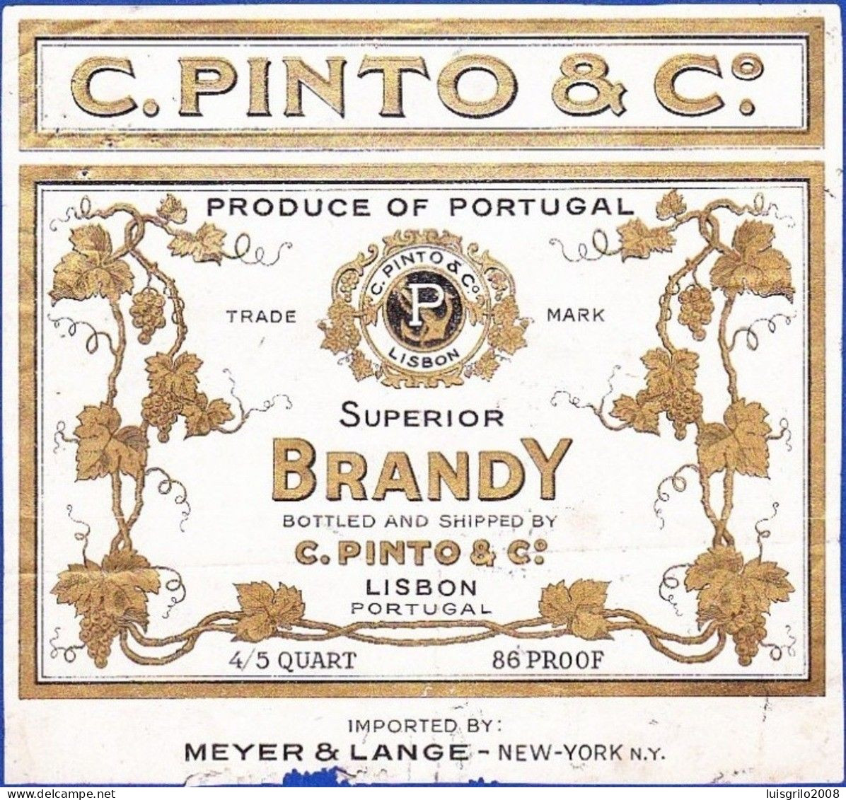 Brandy Label, Portugal - Superior Brandy C. PINTO & Cª. Lisboa - Alcoholen & Sterke Drank