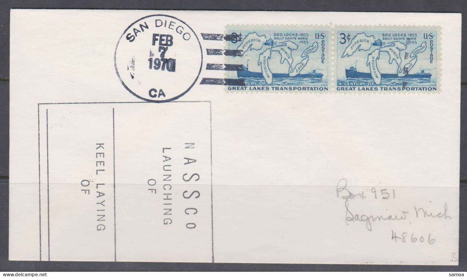 États-Unis Lettre 1970 Lancement Du Bateau USS Saginaw 596 Paire Circulation Sur Les Grands Lacs  - Lettres & Documents