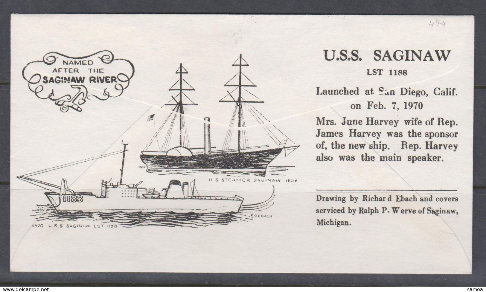 États-Unis Lettre 1970 Lancement Du Bateau USS Saginaw 596 Paire Circulation Sur Les Grands Lacs  - Storia Postale