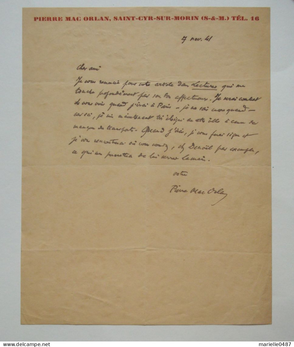 Pierre Mac Orlan, (1882-1970). Lettre Autographe Signée - Schriftsteller