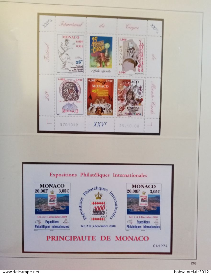 Timbres De Monaco Année Complète 2000 Timbres Neufs 1er Choix Sur Feuilles SAFE Dual - Unused Stamps