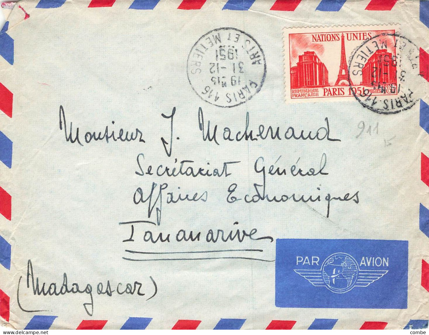 FRANCE SEUL SUR LETTRE. N° 911. NATIONS UNIES. ETRANGER. MADAGASCAR - 1921-1960: Période Moderne