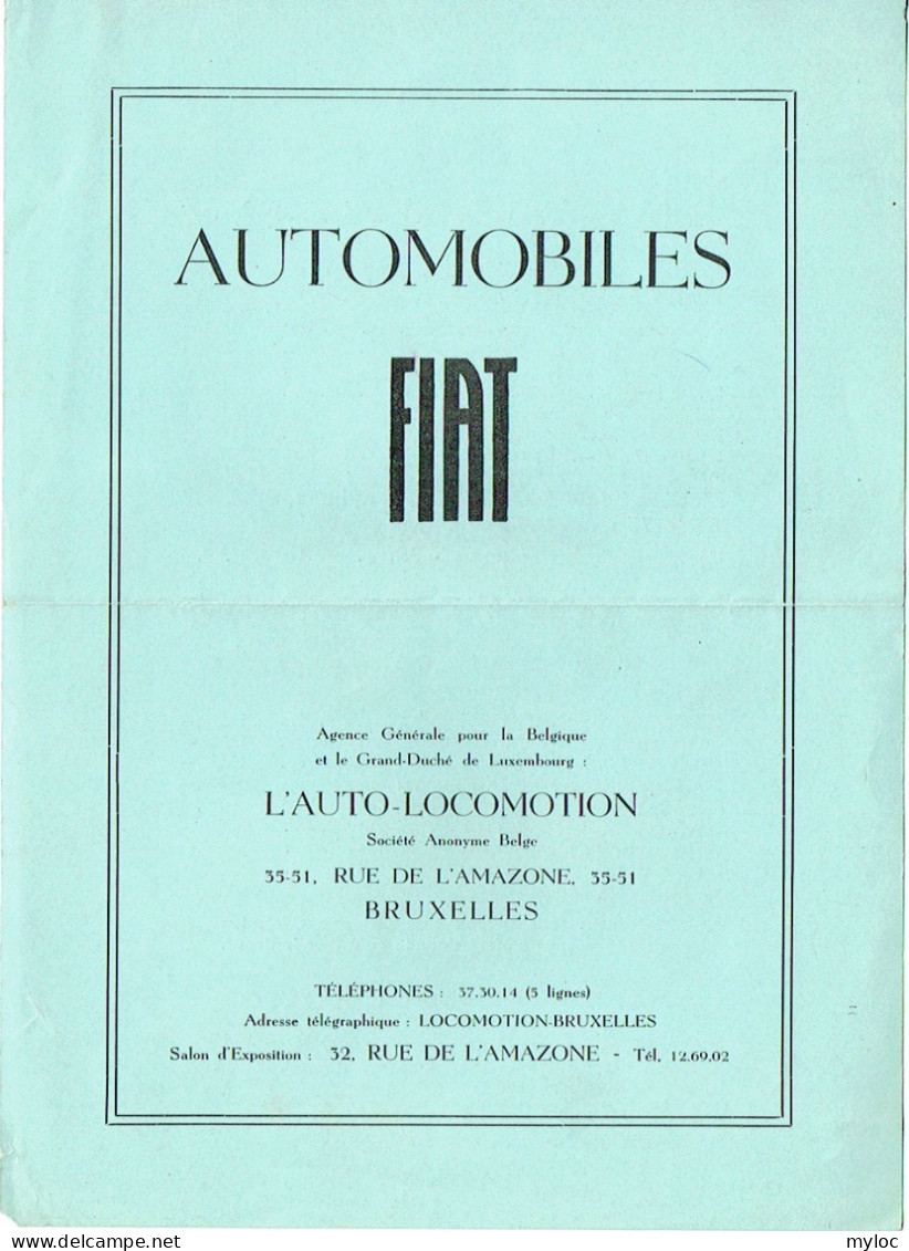 Automobiles FIAT, Tarif De Prix Au 1er Janvier 1937. SA. Auto-Locomotion Bruxelles, Avenue Louise. - Automovilismo