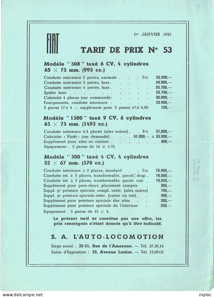 Automobiles FIAT, Tarif De Prix Au 1er Janvier 1937. SA. Auto-Locomotion Bruxelles, Avenue Louise. - Auto's