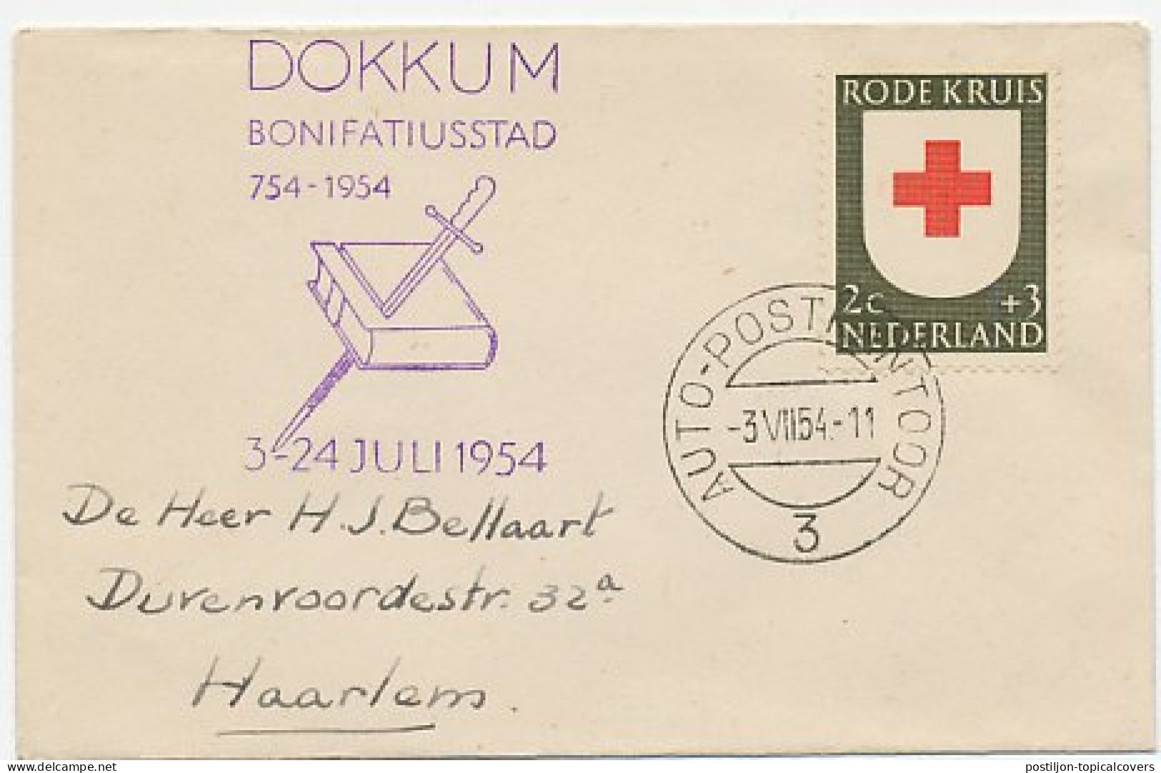 Cover / Postmark Netherlands 1954 Saint Bonifatius - Bible - Sword - Dokkum - Altri & Non Classificati
