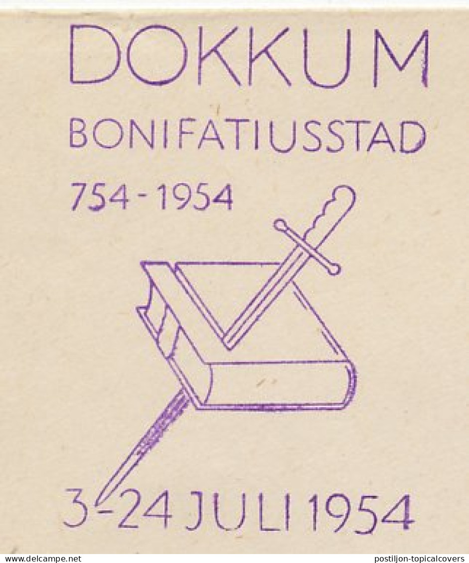 Cover / Postmark Netherlands 1954 Saint Bonifatius - Bible - Sword - Dokkum - Autres & Non Classés