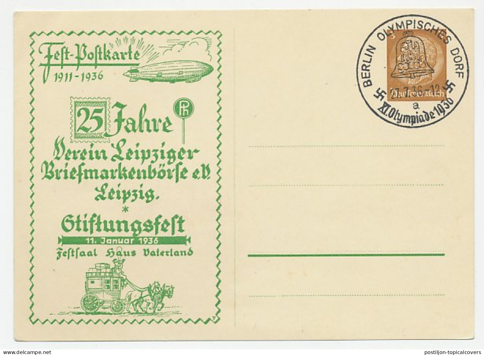 Postal Stationery Germany 1936 Satmp Fair Leipzig - Zeppelin - Mail Coach - Other & Unclassified